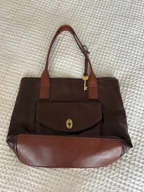 Vintage Fossil Leather Two-Tone Brown Tote Bag with Front Pocket